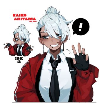 absurdres character_name chibi chibi_inset commentary earrings english_commentary formal_clothes hair_bun highres hood hoodie jewelry necktie ny_000a original piercing red_hoodie tan white_background white_hair