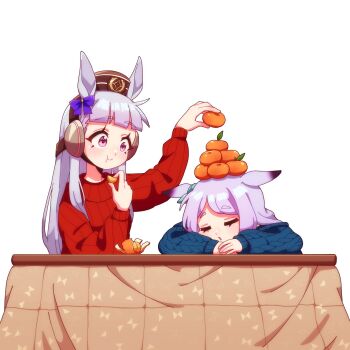 2girls animal_ears blue_sweater blunt_bangs blush bow breasts closed_mouth commentary ear_bow ear_ribbon eating english_commentary food fruit gold_ship_(umamusume) grey_hair hat highres horse_ears horse_girl kitnoko kotatsu long_hair mandarin_orange mandarin_orange_slice mejiro_mcqueen_(umamusume) multiple_girls on_head parted_lips pillbox_hat purple_bow purple_eyes red_sweater sleeping smile stack sweater table umamusume under_kotatsu under_table