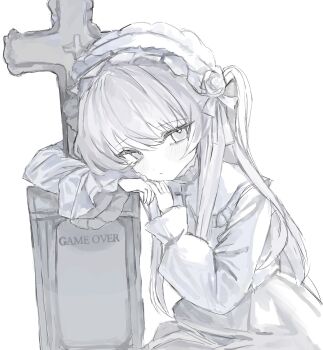 Rule 34 | 1girl, arm rest, collar, cross, dress, frilled collar, frilled headwear, frilled sleeves, frills, greyscale, hand up, head rest, highres, kitty 17a, long hair, long sleeves, looking at viewer, monochrome, original, puffy long sleeves, puffy sleeves, solo, tearing up, tombstone, white background, white headdress