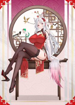 1girl absurdres ahoge animal_ear_fluff animal_ears arm_support backon bird black_shoes black_thighhighs bracelet branch breasts bridal_gauntlets brooch china_dress chinese_clothes choko_(cup) cleavage_cutout closed_mouth clothing_cutout colored_shoe_soles commentary_request crossed_legs cup dress drinking_glass floating_hair flower fox_ears fox_girl fox_tail garter_straps gem gradient_tail green_gem grey_hair hair_flower hair_ornament hair_stick high_heels highres holding holding_cup inset_border jewelry large_breasts lattice legs light_blush long_hair longyan_(snowbreak) looking_at_viewer on_table pink_flower pumps red_dress red_eyes red_flower shoe_dangle shoes sitting sleeveless sleeveless_dress snowbreak:_containment_zone solo table tail thighhighs thighs very_long_hair