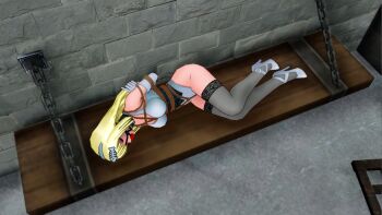 ball_gag bdsm blonde_hair blue_eyes bondage bound cell cinderellaescape elbow_gloves gag gloves high_heels leotard original prison rope shibari thighhighs