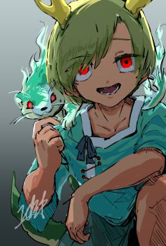 1girl antlers blonde_hair blue_shirt commentary_request doggo_1d34 dragon_girl dragon_horns gradient_background green_skirt green_tail grey_background horns kicchou_yachie looking_at_viewer open_mouth otter otter_spirit_(touhou) red_eyes shirt short_sleeves signature skirt smile teeth touhou yellow_horns