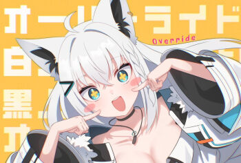 1girl ahoge animal_ear_fluff animal_ear_piercing animal_ears aqua_eyes black_choker braid choker collarbone commentary_request crossed_bangs dog_tags double-parted_bangs earrings extra_ears fingers_to_cheeks fox_ears fox_girl fur_trim hair_ornament hairpin hololive jacket jewelry kumarang long_hair looking_at_viewer official_alternate_costume open_clothes open_jacket override_(synthesizer_v) shirakami_fubuki shirakami_fubuki_(fubukitek) side_braid sidelocks single_braid single_earring smile solo text_background upper_body virtual_youtuber white_hair white_jacket