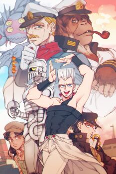1girl 6+boys blonde_hair blue_eyes newsboy_cap captain_tennille dark_blue_moon facial_hair flattop forever_(jojo) gloves grey_hair hat highres jean_pierre_polnareff jojo_no_kimyou_na_bouken kuujou_joutarou military military_hat military_uniform multiple_boys mustache orangutan overskirt rapier runaway_girl_(jojo) sempon_(doppio_note) silver_chariot smoking smoking_pipe stand_(jojo) stardust_crusaders strength_(stand) sword weapon