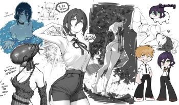 1boy 1girl absurdres armpits black_choker blonde_hair blush bomb_devil_(chainsaw_man) bra breasts chainsaw_man choker cleavage commentary denji_(chainsaw_man) doro_(nikke) explosion explosive green_eyes greenpie grenade_pin hair_between_eyes heart highres korean_text medium_breasts motion_blur multiple_views neck_ribbon object_head panties panty_&amp;_stocking_with_garterbelt_(style) partially_colored purple_hair reze_(chainsaw_man) ribbon shirt shirt_tucked_in shorts skinny_dipping sleeveless sleeveless_shirt speech_bubble stitched third-party_edit translation_request underwear