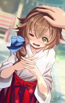 1girl blue_bow blurry blurry_background bow brown_hair chihaya_(clothing) commentary_request dated green_eyes hair_bow hakama hakama_skirt headpat highres interlocked_fingers japanese_clothes kimono kokonoe_towa long_hair miko one_eye_closed open_mouth outdoors red_hakama shrine signature skirt smile tinybiard tokyo_xanadu twitter_username white_kimono