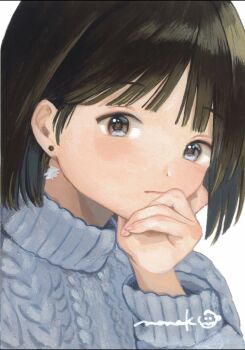 Rule 34 | 1girl, aran sweater, black hair, bob cut, cable knit, choppy bangs, closed mouth, commentary request, earrings, expressionless, grey eyes, grey sweater, hand on own chin, hand up, highres, jewelry, long sleeves, looking at viewer, nena labo, original, photo (medium), short hair, signature, simple background, solo, sweater, traditional media, turtleneck, turtleneck sweater, upper body, white background