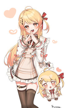 1girl absurdres ahoge artist_name bancho_(todoroki_hajime) blonde_hair blush brown_dress brown_eyes brown_sailor_collar brown_thighhighs buttons chibi chibi_inset double-breasted dress flat_chest fortissimo frilled_jacket frilled_sailor_collar frills full_body gradient_hair guramuli hair_ornament hair_ribbon hairclip hands_up heart heart_background highres hololive hololive_dev_is jacket knees_together_feet_apart long_hair long_sleeves looking_at_viewer multicolored_hair musical_note musical_note_hair_ornament neck_ribbon one_side_up open_mouth orange_hair otonose_kanade otonose_kanade_(1st_costume) plaid_clothes plaid_dress red_eyes red_ribbon ribbon sailor_collar sidelocks signature simple_background smile steepled_fingers thigh_strap thighhighs virtual_youtuber white_background white_jacket white_sailor_collar