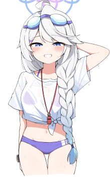 Rule 34 | 1girl, absurdres, ahoge, bikini, bikini under clothes, blue archive, blue eyes, blue halo, blush, braid, goggles, goggles on head, grin, hair between eyes, halo, highres, kirino (blue archive), kirino (swimsuit) (blue archive), long hair, midriff, navel, purple bikini, see-through clothes, see-through shirt, shirt, short sleeves, side braid, simple background, smile, solo, swimsuit, tagyeokgam, thigh gap, tied shirt, whistle, whistle around neck, white background, white hair