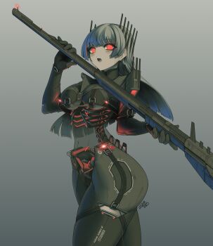 1girl :o absurdres ace_combat ace_combat_6 android bodysuit breasts cannon chandelier_(ace_combat) commission grey_background grey_bodysuit grey_hair highres holding holding_weapon long_hair looking_at_viewer medium_breasts pale_skin personification red_eyes ribs see-through_body signature spine teeth upper_teeth_only weapon zhvo