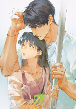 1boy 1girl bag black_hair bracelet brown_eyes cellphone chain chain_necklace chimmyming chin_rest chinese_commentary commentary_request expressionless fingernails hair_between_eyes head_on_head head_rest height_difference highres holding holding_phone holding_pole jacket jewelry long_hair looking_ahead love_and_deepspace necklace open_clothes open_jacket open_mouth parted_lips phone pole protagonist_(love_and_deepspace) purple_tank_top see-through_clothes see-through_jacket sharing shirt short_hair shorts shoulder_bag siblings single_bare_shoulder smartphone straight_hair t-shirt tank_top thick_eyebrows toned toned_male upper_body watermark weibo_watermark white_background white_jacket white_shirt zayne_(love_and_deepspace)