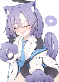 Rule 34 | 1girl, animal ears, animal hands, black skirt, blue archive, blue necktie, blush, breasts, cat ears, cat paws, cat tail, closed eyes, collared shirt, cowboy shot, formal clothes, gloves, halo, heart, highres, large breasts, long hair, mechanical halo, necktie, open mouth, paw gloves, pleated skirt, purple gloves, purple hair, shirt, simple background, skirt, solo, spoken heart, suit, tail, white background, white shirt, yuuka (blue archive), yuukun mk-ii