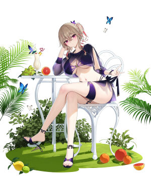 1girl absurdres bare_legs bikini breasts brown_hair chair cleavage closed_mouth closers crop_top crossed_legs cup drinking_glass expressionless head_rest high_heels highres hurricane_glass large_breasts long_hair looking_at_viewer multi-strapped_bikini_bottom multi-strapped_bikini_top multicolored_hair navel official_art pink_eyes ponytail pulling_own_clothes purple_bikini purple_sandals purple_sarong sandals sarong see-through_clothes see-through_shirt shirt short_ponytail sitting solo stomach strap_pull streaked_hair string_bikini swimsuit table thighs yoon_ria_(closers)