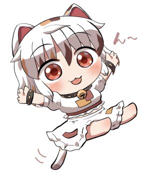 1girl :3 animal_ears barefoot bell blush brown_streaks cat_ears cat_girl cat_tail chibi commentary_request crop_top cropped_shirt floating frilled_skirt frills full_body goutokuji_mike highres jingle_bell looking_at_viewer multicolored_hair orange_streaks patch puffy_short_sleeves puffy_sleeves red_eyes rokugou_daisuke short_hair short_sleeves simple_background skirt solo streaked_hair tail tongue tongue_out touhou white_background white_hair white_skirt