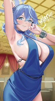 1girl absurdres ako_(blue_archive) ako_(dress)_(blue_archive) armpits blue_archive blue_dress blue_eyes blue_hair blue_halo blush breasts cleavage commentary cuffs dress evening_gown haerge hair_between_eyes hairband halo highres jewelry large_breasts long_hair looking_at_viewer parted_lips plunging_neckline shackles sideboob sideless_dress single_handcuff sleeveless sleeveless_dress solo