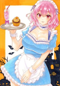 1girl alternate_costume apron bat_(animal) blue_dress breasts choker cleavage collarbone commentary_request cup cupcake dress drinking_glass drinking_straw enmaided food frilled_choker frilled_dress frills holding holding_tray kapibaradon0405 large_breasts looking_at_viewer maid maid_headdress open_mouth pink_eyes pink_hair puffy_short_sleeves puffy_sleeves saigyouji_yuyuko sample_watermark short_sleeves smile solo touhou traditional_media tray waist_apron watermark white_apron wrist_cuffs