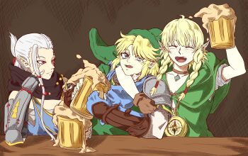 Rule 34 | 1boy, 2girls, armor, beer mug, black scarf, blonde hair, blue eyes, blue scarf, blue shirt, braid, braided sidelock, brown background, brown choker, brown gloves, capelet, chainmail, chest sarashi, choker, commentary, compass, cup, earrings, english commentary, facial mark, folded ponytail, gauntlets, gloves, green hat, green shirt, hat, head rest, highres, holding, holding cup, hood, hood down, hooded capelet, hyrule warriors, impa, indoors, jewelry, kyonne, light blush, link, linkle, long hair, looking at another, mug, multiple girls, necklace, nintendo, pointy ears, red eyes, sarashi, scarf, shirt, single shoulder pad, smile, table, the legend of zelda, twin braids, white hair, white shirt