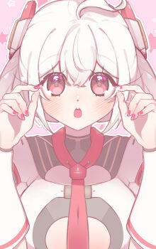 1girl :o ahoge blush center_opening commentary_request edea_cluster hair_ornament hands_up highres long_hair long_sleeves looking_at_viewer matoi_(pso2) nail_polish necktie open_mouth phantasy_star phantasy_star_online_2 pink_background pink_eyes pink_nails portrait red_necktie sidelocks sitwocution solo star_(symbol) star_symbol_background straight-on twintails white_hair