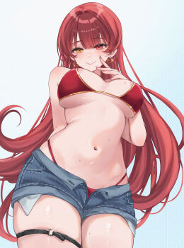 1girl absurdres areola_slip arm_behind_back bikini bikini_bottom_under_shorts bikini_under_clothes blue_shorts blush breasts cherriuna commentary_request cowboy_shot earrings gold_earrings heart heart_earrings heterochromia highres hololive houshou_marine houshou_marine_(summer) jewelry large_breasts long_hair nail_polish navel o-ring o-ring_thigh_strap official_alternate_costume open_fly red_eyes red_hair red_nails revision shorts smile solo stomach swimsuit thigh_strap underboob very_long_hair virtual_youtuber yellow_eyes