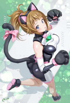 Rule 34 | 1girl, animal ears, animal hands, ass, bare shoulders, black bodysuit, black gloves, black shoes, blue eyes, blush, bodysuit, bow, breasts, brown hair, cat ears, cat tail, chest jewel, commentary, commentary request, elbow gloves, english commentary, from above, full body, fumina avatar, gloves, gundam, gundam build fighters, gundam build fighters try, gundam build metaverse, hair between eyes, highres, hoshino fumina, looking at viewer, mechanical ears, medium breasts, medium hair, menchi (pixiv), mixed-language commentary, multicolored bodysuit, paw gloves, paw pose, ponytail, shadow, shoes, sidelocks, signature, sleeveless, sleeveless bodysuit, solo, standing, standing on one leg, tail, tail bow, tail ornament, tongue, tongue out, two-tone bodysuit, white bodysuit