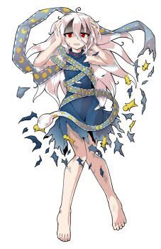 1girl alphes_(style) barefoot blue_dress commentary_request crescent dairi defeat dress eye_of_providence fossilized_wonders full_body grey_hair hair_between_eyes hands_up large_variant_set long_hair long_hair_between_eyes parody play_button ribbon_around_body shaded_face sleeveless sleeveless_dress snake solo star_(symbol) style_parody tachi-e torn_clothes torn_dress touhou triangle variant_set yuiman_asama