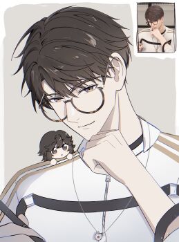 Rule 34 | 1boy, 1girl, :o, absurdres, bespectacled, black eyes, black hair, caleb (love and deepspace), clenched hand, closed mouth, glasses, hand up, highres, jewelry, lnk mhru, love and deepspace, necklace, original, photo-referenced, photo inset, short hair, simple background, zipper pull tab