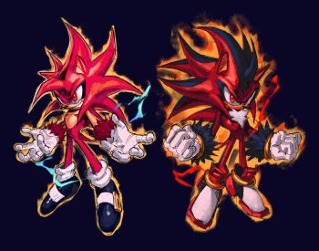 Rule 34 | 2boys, absurdres, aura, blue background, clenched hands, dragon ball, dragon ball daima, electricity, full body, highres, kornart, male focus, multiple boys, red eyes, red fur, shadow the hedgehog, simple background, smirk, sonic (series), sonic the hedgehog, super saiyan, super saiyan 4