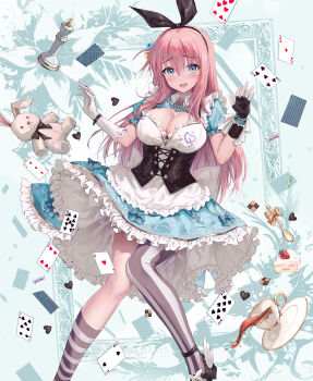 absurdres ace_(playing_card) ace_of_diamonds ace_of_hearts alice&#039;s_adventures_in_wonderland alice_(alice_in_wonderland) alice_(alice_in_wonderland)_(cosplay) asymmetrical_gloves asymmetrical_legwear belt black_corset black_gloves black_shoes blue_dress blue_eyes blue_sleeves bocchi_the_rock! bow breasts bubble_skirt bustier candy card chess_piece chinese_commentary cleavage collar commentary_request cookie corset cosplay cube_hair_ornament cup diamond_(shape) dress dress_bow eight_of_spades fingerless_gloves five_of_clubs floral_print flying food furrowed_brow gem gloves gotoh_hitori hair_between_eyes hair_ornament hands_up heart highres jewelry king_(chess) large_breasts long_hair mirror mismatched_gloves mismatched_legwear nine_of_clubs one_side_up open_mouth petticoat pink_hair playing_card puffy_short_sleeves puffy_sleeves red_gemstone seven_of_hearts seven_of_spades shoes short_sleeves sidelocks single_fingerless_glove skirt socks spoon_bow striped_clothes striped_socks stuffed_animal stuffed_rabbit stuffed_toy tareme tea teacup thighhighs three_of_diamonds two_of_spades vertical-striped_clothes vertical-striped_socks white_bustier white_collar white_gloves wrist_cuffs yuye
