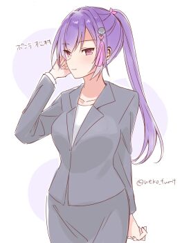 Rule 34 | 1girl, aged up, alternate hairstyle, arm behind back, assault lily, benini, blush, breasts, closed mouth, collarbone, commentary request, cowboy shot, grey jacket, grey skirt, hair ornament, hand up, high ponytail, highres, jacket, jewelry, light smile, long hair, long sleeves, looking ahead, matsumura fuuka, medium breasts, office lady, pencil skirt, pink eyes, ponytail, purple background, purple hair, ring, shirt, skirt, solo, tassel, tassel hair ornament, translation request, tucking hair, twitter username, two-tone background, white background, white shirt