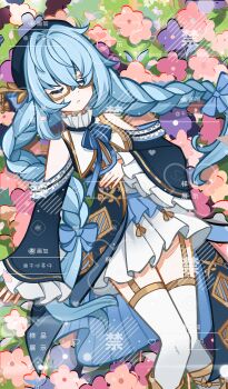 1girl absurdres beret blue_hair boots bow braid chinese_commentary chinese_text commentary_request detached_sleeves dress feet_out_of_frame flower frilled_sleeves frills ganbing_liangzai garter_straps genius_invokation_tcg_(style) glasses hair_between_eyes hair_bow hat highres long_hair long_sleeves looking_at_viewer original ribbon solo thighhighs twin_braids very_long_hair watermark white_thighhighs