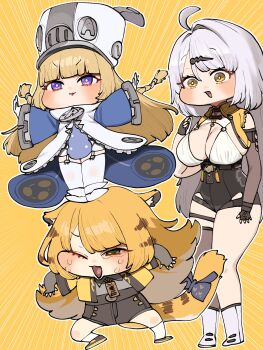 3girls absurdres animal_ear_fluff animal_ears asymmetrical_gloves black_gloves black_unitard blonde_hair bow breasts chroong colored_inner_hair commentary_request crying elbow_gloves fingerless_gloves gloves green_eyes hair_between_eyes hair_ornament hairpin hat highres jacket ju_fufu korean_commentary large_breasts large_hat long_hair multicolored_hair multiple_girls norma_hollowell one_eye_closed open_mouth purple_eyes single_elbow_glove single_thighhigh standing_on_another's_head striped_fur striped_hair tail tail_bow tail_ornament thighhighs tiger_ears tiger_girl tiger_stripes tiger_tail uneven_gloves very_long_hair white_gloves white_hair white_hat white_thighhighs yellow_background yellow_eyes yellow_jacket yin_yang_pin yixuan_(zenless_zone_zero) zenless_zone_zero