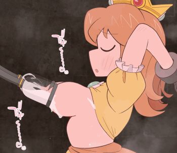 1girl animated animated_gif arms_behind_head arms_up blush breasts closed_eyes clothes_lift crown excessive_lactation female_focus heavy_breathing highres kurachi_mizuki lactation large_breasts mario_(series) medium_hair milking_machine nintendo nipples princess_daisy shirt_lift solo sweat upper_body