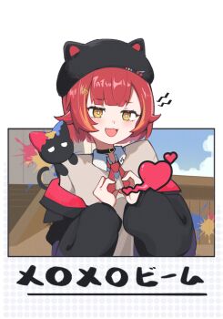 1girl :3 absurdres animal_hat beret black_choker black_jacket brown_sweater cat_hat choker commentary_request creature creature_on_shoulder hair_flaps hat heart heart_hands highres jacket neckerchief nekota_tsuna nekota_tsuna_(4th_costume) off_shoulder on_shoulder open_mouth orange_eyes outside_border paint_splatter paw_hair_ornament portrait red_hair red_neckerchief short_hair simuyutou solo sweater virtual_youtuber vspo! white_background