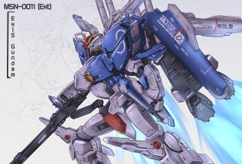 Rule 34 | absurdres, beam rifle, blue eyes, character name, commentary, energy gun, english commentary, ex-s gundam, exhaust, from side, gundam, gundam sentinel, highres, jellen squish, mecha, mecha focus, mobile suit, no humans, radome, robot, science fiction, thrusters, v-fin, weapon, zoom layer