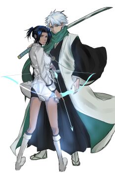 Rule 34 | 1boy, 1girl, almightybuttcheeks, alternate universe, arrow (projectile), bike shorts, black hair, bleach, bleach: sennen kessen-hen, blue eyes, boots, bow (weapon), breasts, commentary, dress, english commentary, green eyes, green scarf, haori, highres, hitsugaya toushirou, holding, holding arrow, holding bow (weapon), holding sword, holding weapon, japanese clothes, knee boots, kurosaki karin, medium breasts, ponytail, quincy (bleach), sandals, scarf, shihakusho, short dress, short ponytail, socks, sword, taichou haori, weapon, white boots, white dress, white hair, white socks