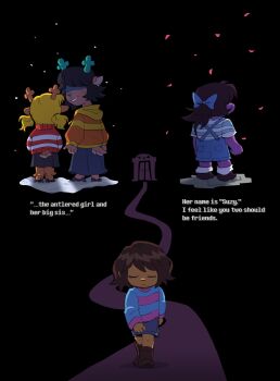 1other 3girls absurdres animal_ears black_background black_skirt blonde_hair blue_shorts blue_skirt brown_hair brown_shoes closed_eyes clothing_cutout december_holiday deer_ears deer_girl deer_tail deltarune english_text frisk_(undertale) full_body furry furry_female golden_anomaly highres hooves horns multiple_girls noelle_holiday path ponytail road shaded_face shoes short_hair short_twintails shorts skirt smile standing sweater tail tail_through_clothes twintails undertale utdr_(toby_fox) walking