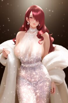 1girl alternate_costume armpit_crease bare_shoulders blush breasts brown_background coat commentary cowboy_shot dress earrings english_commentary eyelashes fur-trimmed_coat fur_trim hair_over_one_eye highres huge_breasts jewelry kirijou_mitsuru long_hair long_sleeves looking_at_viewer mikan_zakuro necklace nipples off_shoulder one_eye_covered open_clothes open_coat parted_lips persona persona_3 red_eyes red_hair see-through_clothes see-through_dress sideboob sleeveless sleeveless_dress solo sparkle white_coat white_dress
