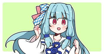 Rule 34 | 1girl, :d, blue hair, blue ribbon, blunt bangs, blush, border, collarbone, dot nose, green background, hair ribbon, hands up, ini (inunabe00), kotonoha aoi, long hair, looking at viewer, neck ribbon, open mouth, outline, outside border, red eyes, ribbon, shirt, sidelocks, simple background, sleeveless, sleeveless shirt, smile, solo, upper body, voiceroid, white border, white outline, white shirt