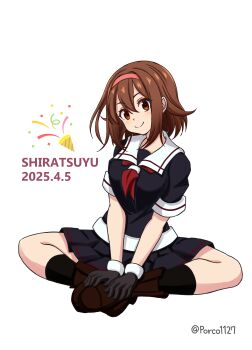 Rule 34 | 1girl, absurdres, black gloves, black serafuku, black skirt, black socks, boots, breasts, brown boots, brown hair, gloves, hair between eyes, hairband, highres, kantai collection, large breasts, looking at viewer, lotus position, miniskirt, neckerchief, orange hairband, pleated skirt, porco (orange planet), red eyes, red neckerchief, school uniform, serafuku, shiratsuyu (kancolle), short hair, short sleeves, sitting, skirt, smile, socks, solo