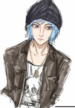 Rule 34 | 1girl, beanie, black hat, blue eyes, blue hair, brown jacket, chloe price, fen (sef fen), hat, highres, jacket, jewelry, life is strange (series), life is strange 1, necklace, open clothes, open jacket, shirt, simple background, solo, upper body, white background, white shirt