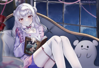 1girl absurdres blurry blurry_foreground book character_request collar commentary commission couch double_bun frilled_collar frills hair_bun highres long_sleeves looking_at_viewer medium_hair original purple_shirt purple_skirt red_eyes shirt sitting skeb_commission skirt solo tanaka_(tps9g) thighhighs white_hair white_thighhighs window