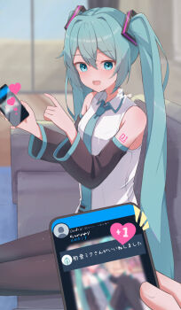 Rule 34 | 1girl, 1other, aqua eyes, aqua hair, aqua necktie, aqua trim, arm tattoo, black sleeves, black thighhighs, blurry, blurry background, blush, cellphone, collared shirt, commentary request, detached sleeves, hair between eyes, hair ornament, hatsune miku, highres, holding, holding phone, indoors, long hair, long sleeves, looking at viewer, necktie, number tattoo, open mouth, phone, shirt, sleeveless, sleeveless shirt, smartphone, smile, solo focus, soyose, tattoo, thighhighs, translation request, twintails, very long hair, vocaloid, white shirt, wide sleeves