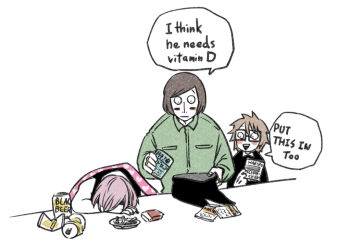 Rule 34 | 3boys, alcohol, beer, beer can, blanket, brown hair, can, cigarette, cigarette holder, commentary request, drink can, english text, glasses, green shirt, haribo, luther von ivory, male focus, multiple boys, nyen (randal's friends), pink hair, randal's friends, randal ivory, shirt, short hair, simple background, table, tank top, tsukasa (tsukasa mimizuku), white background