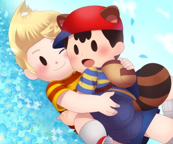 2boys animal_ears ass ass_grab backpack bag black_hair blonde_hair blush child flower hat lucas_(mother) lucas_(mother_3) male mother_(series) mother_2 mother_3 multiple_boys ness ness_(mother_2) nintendo raccoon_ears raccoon_tail red_hat shirt shoes shorts shota sjsj_10 socks striped_clothes striped_shirt super_smash_bros. tail yaoi