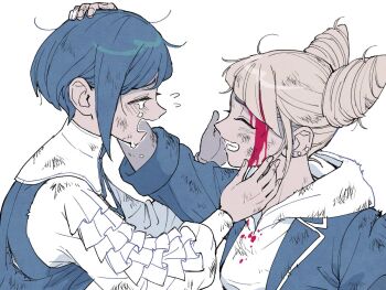 2girls blood blood_from_forehead blood_on_clothes blood_on_face blue_hair closed_eyes collared_shirt cone_hair_bun crying double_bun face-to-face facing_another flying_sweatdrops frilled_shirt frilled_sleeves frills fukurai_azami grin hair_bun hand_on_another&#039;s_head hood hood_down jasmine_(toshi_densetsu_kaitai_center) long_sleeves messy_hair multiple_girls open_mouth profile puffy_long_sleeves puffy_sleeves reaching reaching_towards_another rokkoron shirt short_hair simple_background smile tears toshi_densetsu_kaitai_center upper_body white_background