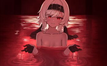 Rule 34 | 1girl, absurdres, azur lane, bathing, black gloves, black hairband, blush, bon homme richard (azur lane), bon homme richard (meta) (azur lane), breasts, commission, gloves, grin, hair over one eye, hairband, highres, khan 0204, looking at viewer, medium hair, partially submerged, pixiv commission, red eyes, red water, small breasts, smile, solo, upper body, wet, white hair