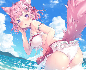 Rule 34 | 1girl, aki (akisora hiyori), animal ear fluff, animal ears, antenna hair, armlet, ass, bare shoulders, bikini, bikini skirt, blue sky, blush, bow, braid, breasts, choker, cloud, cloudy sky, commentary request, day, extra ears, frilled bikini, frilled choker, frilled thigh strap, frills, hair ribbon, hakui koyori, hakui koyori (summer), hand on own cheek, hand on own face, hololive, jewelry, large breasts, looking back, medium hair, ocean, open mouth, outdoors, palm tree, pink bow, pink choker, pink hair, pink ribbon, pink tail, purple eyes, ribbon, sky, solo, swimsuit, tail, thigh strap, thighs, tree, two-tone choker, virtual youtuber, water, white bikini, white choker, wolf ears, wolf girl, wolf tail