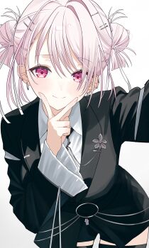 1girl absurdres black_jacket black_shorts black_thighhighs collared_shirt commentary_request cowboy_shot double_bun hair_bun highres jacket long_sleeves nijisanji official_alternate_costume pink_eyes shiina_yuika shiina_yuika_(14th_costume) shirt short_shorts shorts simple_background smile solo thighhighs tillots v virtual_youtuber white_background white_hair wide_sleeves zettai_ryouiki