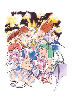 Rule 34 | 2boys, 3girls, ^ ^, absurdres, animal ears, animal hands, bat wings, bengus, blue eyes, blue hair, blue skin, braid, breasts, brown hair, cat ears, chinese clothes, claws, cleavage, closed eyes, colored skin, darkstalkers, demitri maximoff, donovan baine, fangs, felicia (darkstalkers), fingernails, game cg, green hair, hat, head wings, highres, hsien-ko, jiangshi, juggling, large breasts, long hair, morrigan aensland, multiple boys, multiple girls, non-web source, official art, ofuda, open mouth, tail, wings