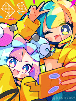 2girls canari_(pokemon) dark-skinned_female dark_skin iono_(pokemon) multicolored_hair multiple_girls nikoru nintendo pokemon rotom rotom_phone sharp_teeth teeth two-tone_hair